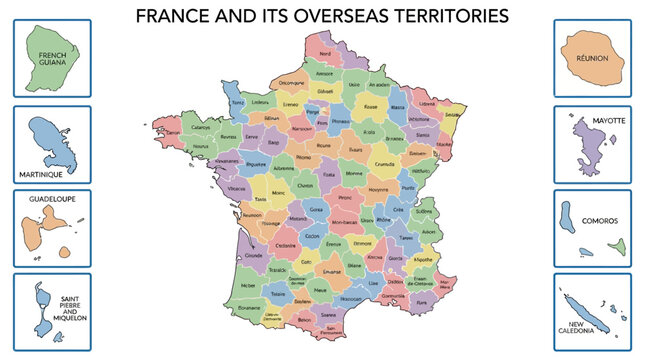Map of France and Its Overseas Territories with Colorful Administrative Regions and Labels