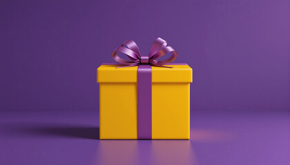 Fototapeta premium Decorative yellow present box tied with ribbon resting on a purple surface, perfect for party, holiday, or birthday themes.