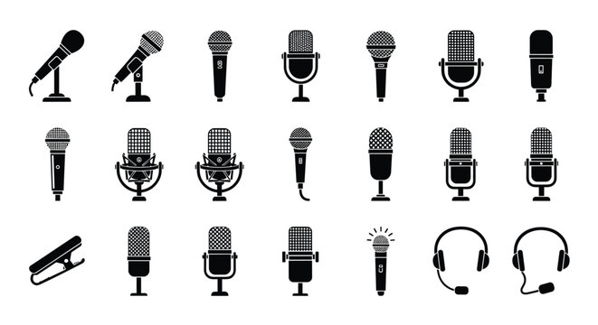 A collection of various microphone icons in black and white on a plain background