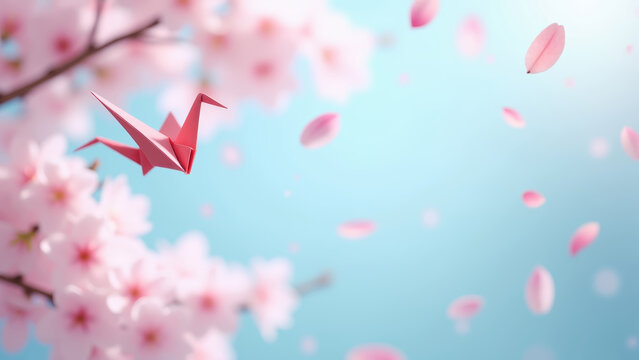 Pink origami crane flying among falling sakura petals, soft cherry blossom branches, dreamy pastel blue sky background, japanese spring scene, concept of tourism, wedding, stationery