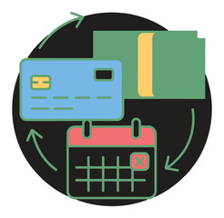 Recurring Payment Cycle Vector Icon: Credit Card, Cash, and Calendar with X Mark Illustrating Subscription, Billing, or Financial Transaction Loop