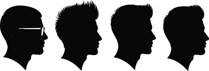 Male head profile silhouettes collection, men side view faces set, human shadow portraits isolated, hairstyle outline illustration bundle © Hello World