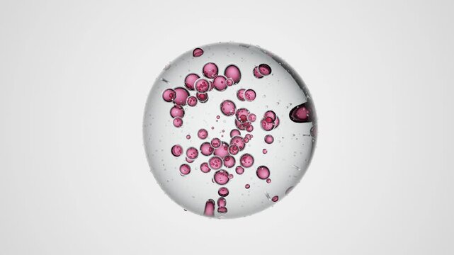 Transparent 3D liquid droplet with pink suspended inner drops above a white surface, seamless abstract animation perfect for skincare, cosmetic liquids, serums, and modern wellness branding