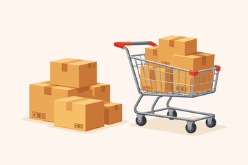 Vector Illustration of Cardboard Boxes Stacked Next to a Metal Shopping Cart Filled with Packages, Representing E-commerce, Online Shopping, Logistics, Shipping, and Delivery Services on Light