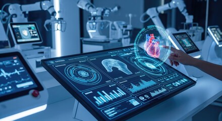 Modern medical technology display with interactive interface and robotic arms