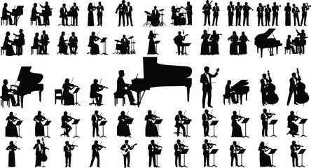 Orchestra musicians silhouettes collection, violinists pianists conductor and classical band performers, music instrument players isolated, symphony orchestra people set © Hello World