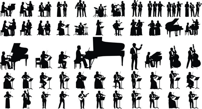 Orchestra musicians silhouettes collection, violinists pianists conductor and classical band performers, music instrument players isolated, symphony orchestra people set