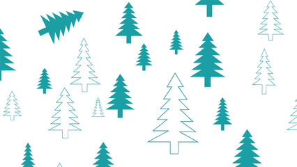 Fototapeta premium Minimalist pattern of various sized teal pine tree silhouettes scattered over a plain white background for design.