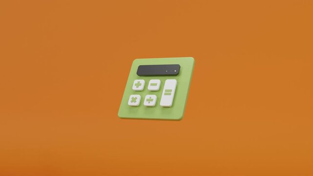 Minimalist 3D animation of a rotating calculator on an orange background, illustrating financial calculation, fintech services, banking promotions, accounting concepts, and currency exchange visuals