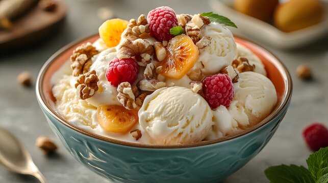 A vibrant bowl of creamy vanilla ice cream topped with fresh raspberries orange segments chopped nuts and mint leaves served in a textured blue ceramic bowl on a rustic countertop with