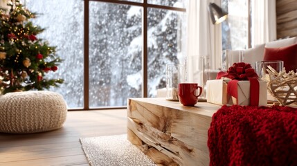 Fototapeta premium Cozy Christmas Room Interior with Snowy View and Holiday Decorations