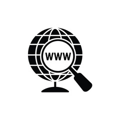 A black silhouette of a globe with a magnifying glass focusing on www