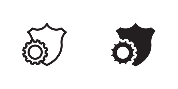 Black single shield with gear line and black icon, simple gear settings protection flat design illustration, infographic, vector pictogram, app logo, web button, UI UX interface element