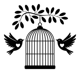 Fototapeta premium Silhouette of two birds flying near a birdcage hanging from a tree branch