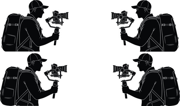 Videographer with camera gimbal silhouettes collection, professional filmmaker recording video with stabilizer and backpack, content creator isolated people set