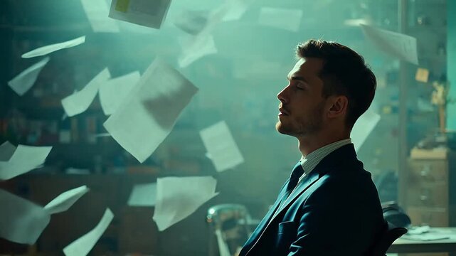 Man in suit with papers floating in office