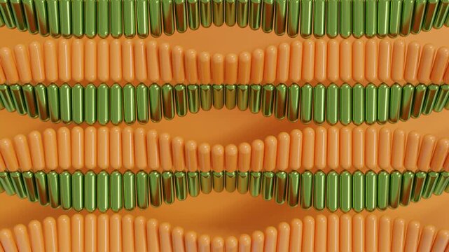 Abstract 3d background with pairs of green and orange capsules placed in structured rows, rotating in a smooth wave motion on an orange surface, perfect for elegant minimal motion design and visual