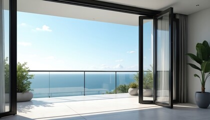 Obraz premium Open folding glass doors reveal bright ocean view from modern balcony. Sunny day, clear blue sky, calm sea water. Plants add life to terrace space.
