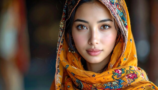 Beautiful woman with a colorful scarf looking at the camera.