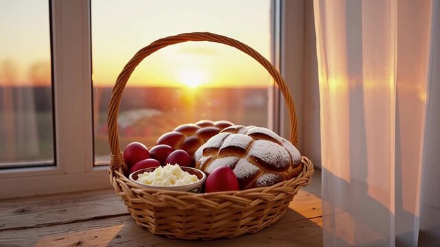 Wicker basket with Easter bread, eggs, and butter on windowsill at golden sunrise &mdash; serene home blessing for Resurrection Day