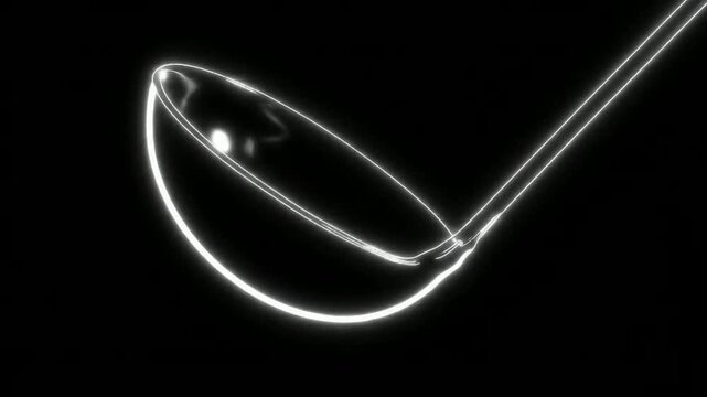 Close up of glowing outline of utensil on black or Close up of a shining ladle outline rotating in darkness