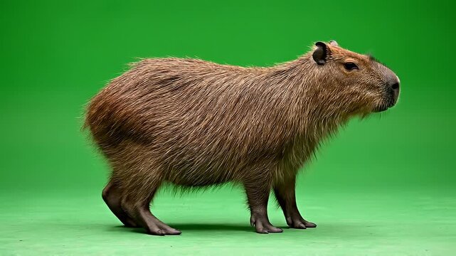 A capybara standing on a green screen background, presented in a neutral pose. Perfect for educational materials, wildlife presentations, and green screen projects.