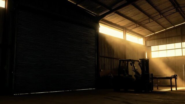 Massive metal rolling shutters close, blocking out bright sunlight and gradually plunging the industrial warehouse with a forklift into darkness