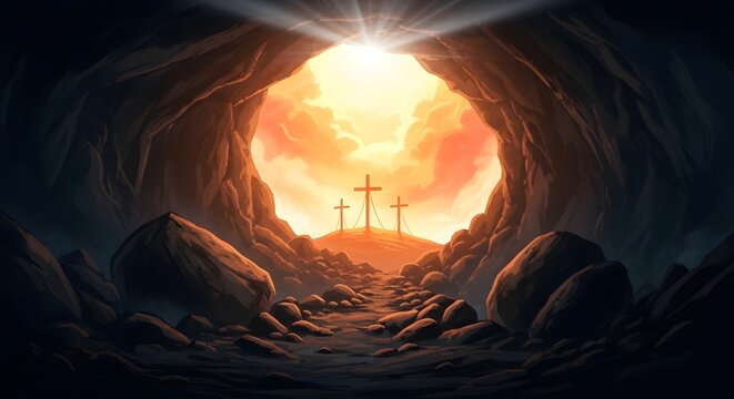 Easter sunday resurrection scene with crosses emerging from tomb
