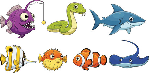 Cute Sea Creatures Cartoon Set with Shark, Stingray, Puffer Fish, Clownfish, Anglerfish, and Sea Snake for Kids Ocean Illustration. © MstSuborna