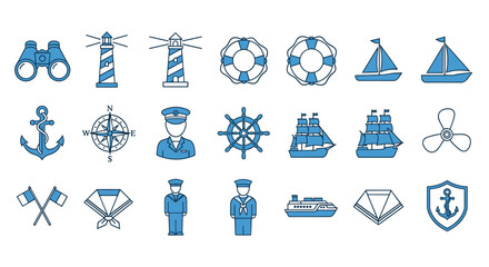 A collection of nautical icons in blue and white on a clean white background © MdShakib