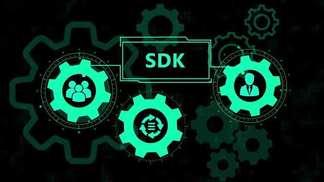 SDK Software Development Kit Concept with Futuristic Glowing Green Gears, Human Icons, and Digital Data Interface for Programming and Technology Solutions.
