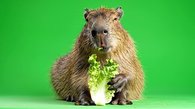 A capybara sitting on a green screen background, holding and eating a head of lettuce. Perfect for presentations, educational materials, and marketing content.