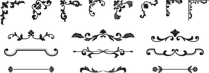 Black text divider and corner vintage ornate frames vector set, fancy decorative elements collection, floral line art © sabelskaya