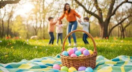 Easter sunday family fun a mother and children enjoying a colorful egg filled picnic