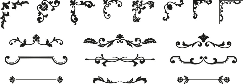 Black text divider and corner vintage ornate frames vector set, fancy decorative elements collection, floral line art