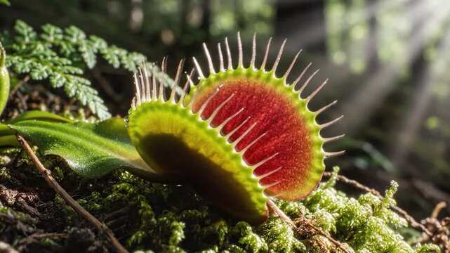 Close-up of a Venus Flytrap capturing a fly in its trap.