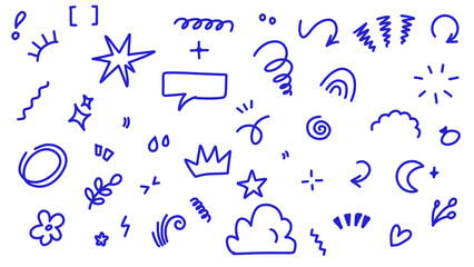 Blue Hand-Drawn Doodle Elements: Stars, Arrows, Clouds, Hearts and Symbols - Isolated Vector Illustration (Transparent)