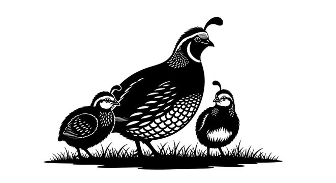 A quail and two chicks standing on grass