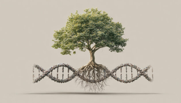 Biotechnology concept of tree with root in DNA genetic structure, symbolizing life, science, and profound connection