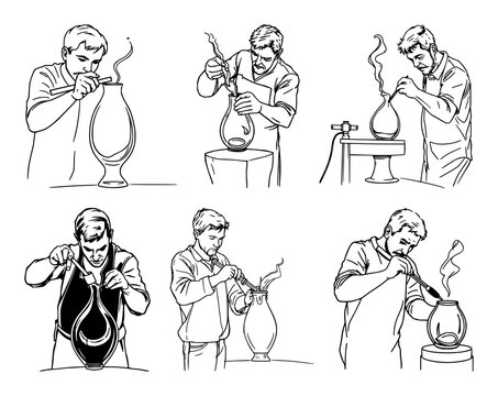 Glassblowing set with continuous line art of a glassblower shaping a vessel featuring glass art, craft, movement with thin black line and white background