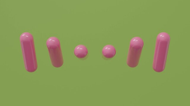 Sleek row of pink capsule forms rotating rhythmically on a green surface in a clean 3D scene, ideal for pharmaceutical visuals, corporate motion design, and contemporary promotional animations