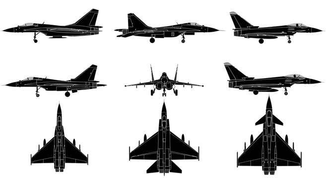 Air Superiority Fighter Jet Multi-Angle Vector Silhouette Set