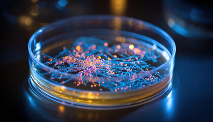 Glowing blue research in science laboratory petri dish. futuristic biotechnology experiment sample showing sense of wonder