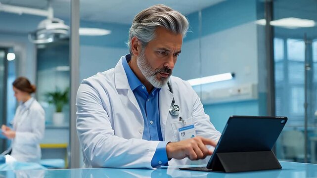 Doctor using tablet in medical office