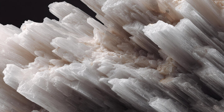 Natural gypsum crystal with pure translucent white mineral blades. beautiful layered formation shows delicate structure