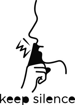 Silhouette of a person's profile with a hand gesturing to keep quiet