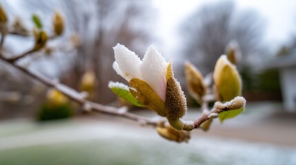 Snow-Covered Magnolia Bloom in Cold Winter Weather with Frost and Ice