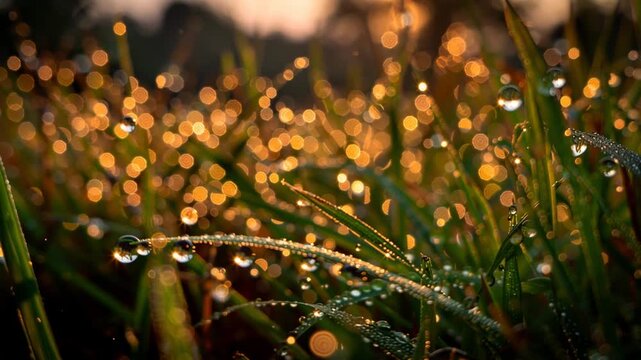Morning dew drops sparkling on grass at sunrise &ndash; macro nature video