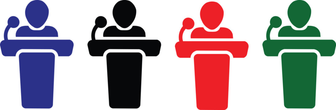 Public speaker at podium icon set representing speech presentation, leadership communication, conference seminar talk and political debate concept vector illustration