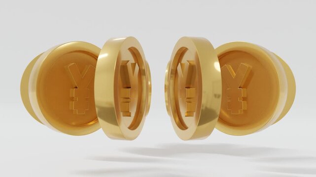 Abstract 3D background with shiny golden Japanese Yen coins spinning in circular motion over a white surface, symbolizing money flow, modern economy, investment, and dynamic financial design visuals